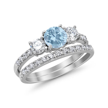 3-Stone Wedding Bridal Piece Ring Round Simulated Aquamarine CZ 925 Sterling Silver